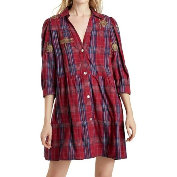 Desigual Women's Red Plaid Embroidered Babydoll Flowy Mini Dress Size Small - Picture 1 of 8